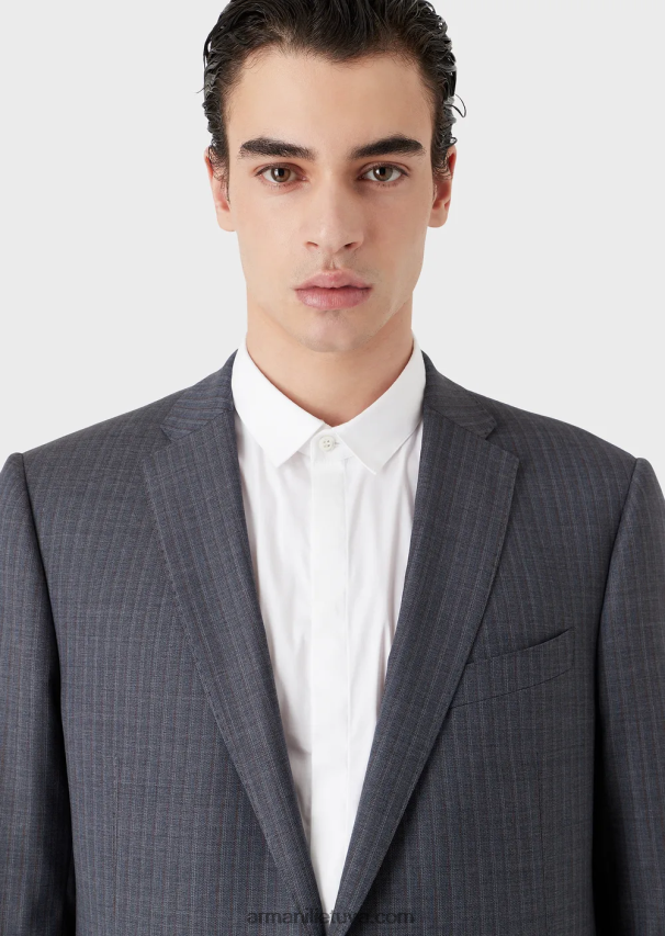 vyrų avio Armani vieneilis siauras, margaspalvės šviesios vilnos kostiumas 02482X1462