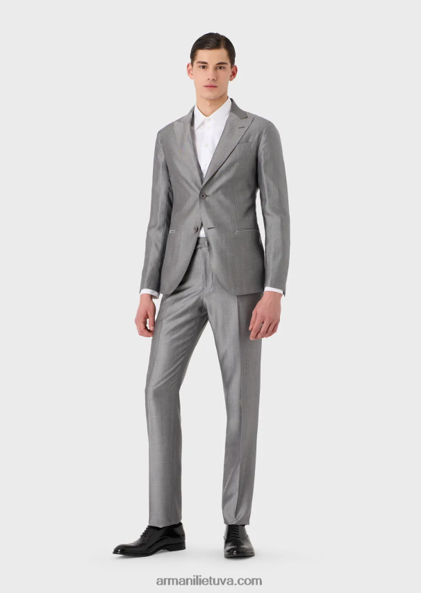 vyrų pilka Armani modernaus kirpimo vienaeilis kostiumėlis iš mikro rašto eukalipto vilnos mišinio 02482X1461