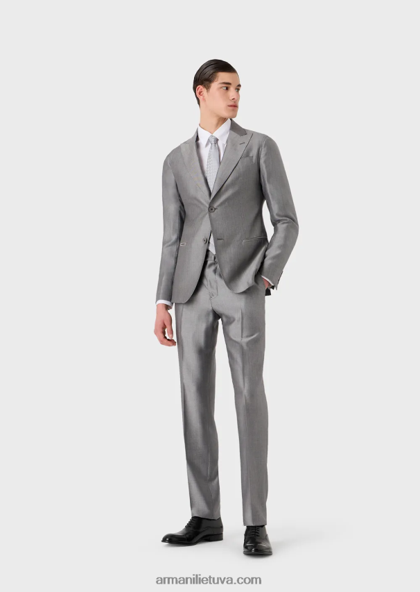 vyrų pilka Armani modernaus kirpimo vienaeilis kostiumėlis iš mikro rašto eukalipto vilnos mišinio 02482X1461