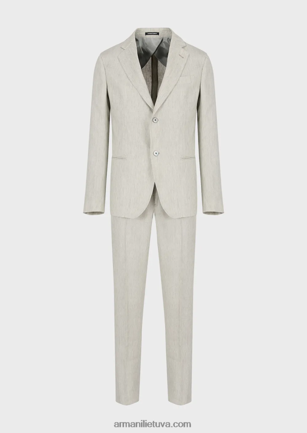 vyrų šviesiai pilka Armani Modernaus kirpimo vieneilis kostiumas iš nesiglamžyto išblukusio lino 02482X1460