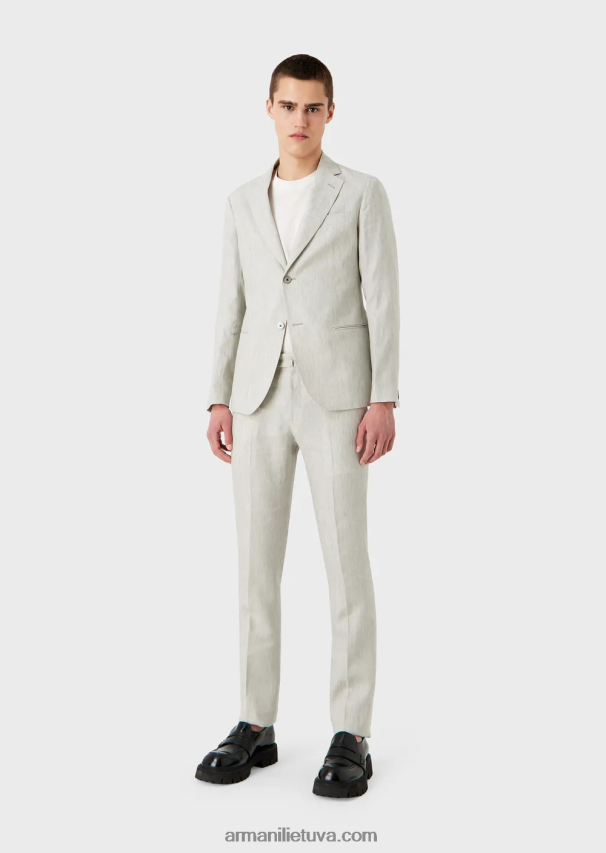 vyrų šviesiai pilka Armani Modernaus kirpimo vieneilis kostiumas iš nesiglamžyto išblukusio lino 02482X1460