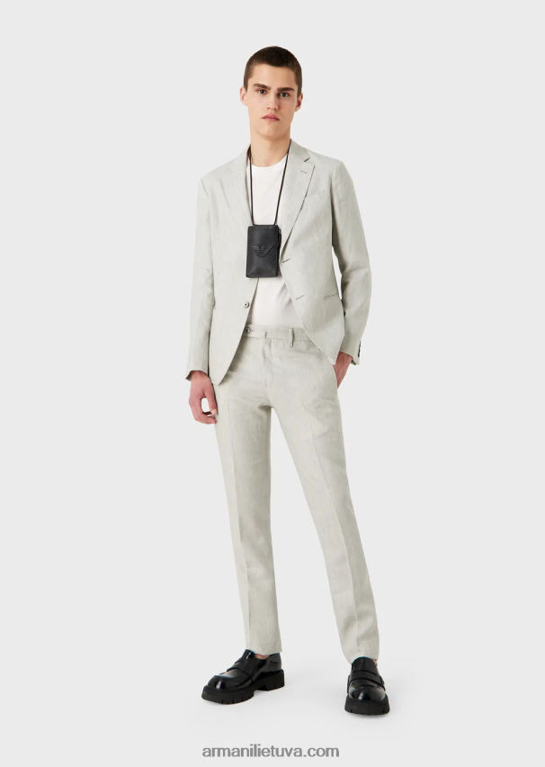 vyrų šviesiai pilka Armani Modernaus kirpimo vieneilis kostiumas iš nesiglamžyto išblukusio lino 02482X1460
