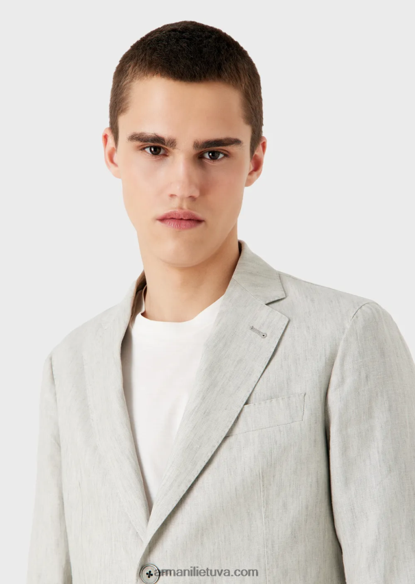 vyrų šviesiai pilka Armani Modernaus kirpimo vieneilis kostiumas iš nesiglamžyto išblukusio lino 02482X1460