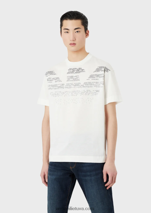 vyrų baltas Armani Merserizuoti trikotažiniai marškinėliai su gumuota užrašu oversized eagle 02482X1604
