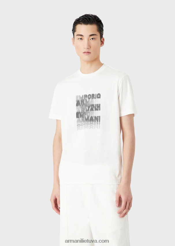 vyrų baltas Armani Pima jersey marškinėliai su 80-ųjų efekto logotipu 02482X1645