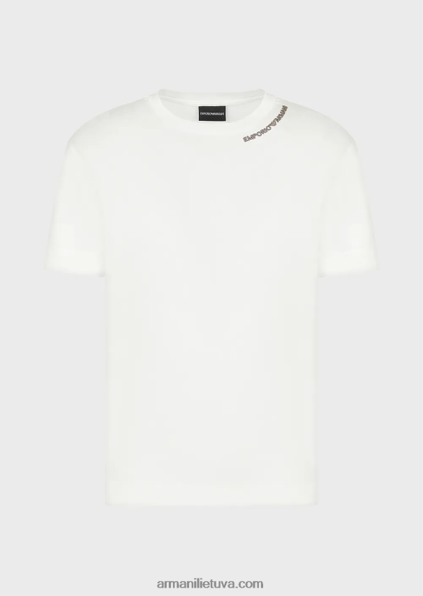 vyrų baltas Armani Tencel-blend džersio marškinėliai su logotipo siuvinėjimu ant iškirptės 02482X1667