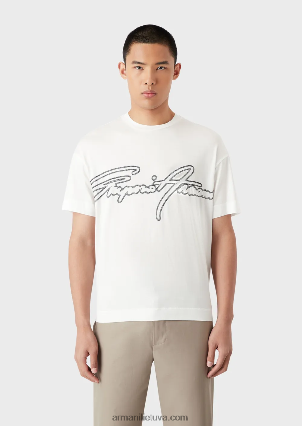 vyrų baltas Armani Tencel mišinio džersio marškinėliai su viršutine dygsniuota firminio logotipo siuvinėjimu 02482X1650