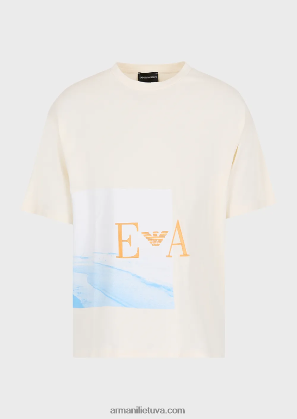 vyrų baltas Armani marškinėliai iš sunkaus džersio su paplūdimio raštu ir siuvinėjimu 02482X1700