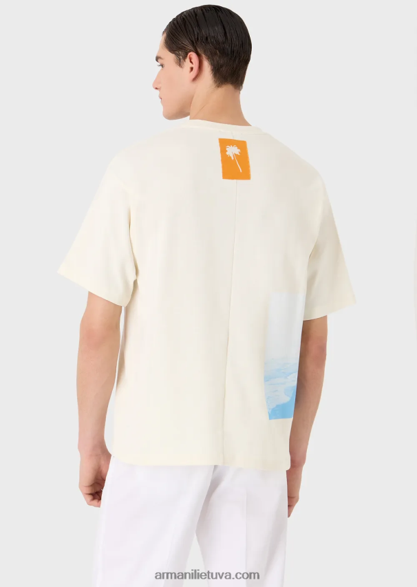 vyrų baltas Armani marškinėliai iš sunkaus džersio su paplūdimio raštu ir siuvinėjimu 02482X1700
