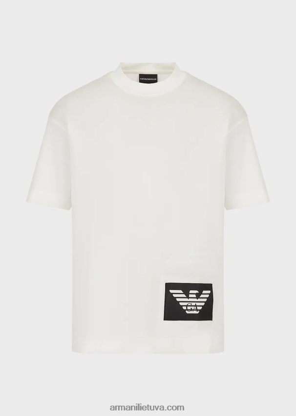 vyrų baltas Armani merserizuoti marškinėliai su kontrastingu erelio lopiniu 02482X1616