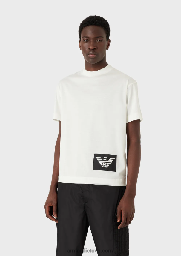 vyrų baltas Armani merserizuoti marškinėliai su kontrastingu erelio lopiniu 02482X1616