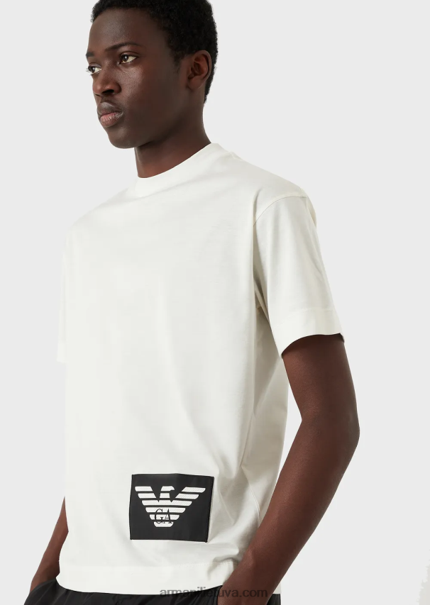 vyrų baltas Armani merserizuoti marškinėliai su kontrastingu erelio lopiniu 02482X1616