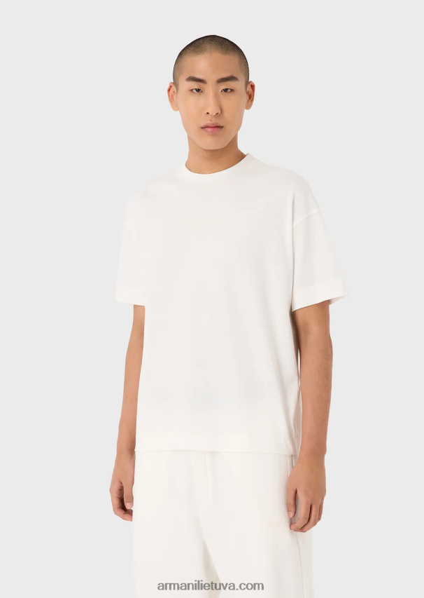 vyrų baltas Armani storo trikotažo marškinėliai su ryškiu guminiu logotipu 02482X1632
