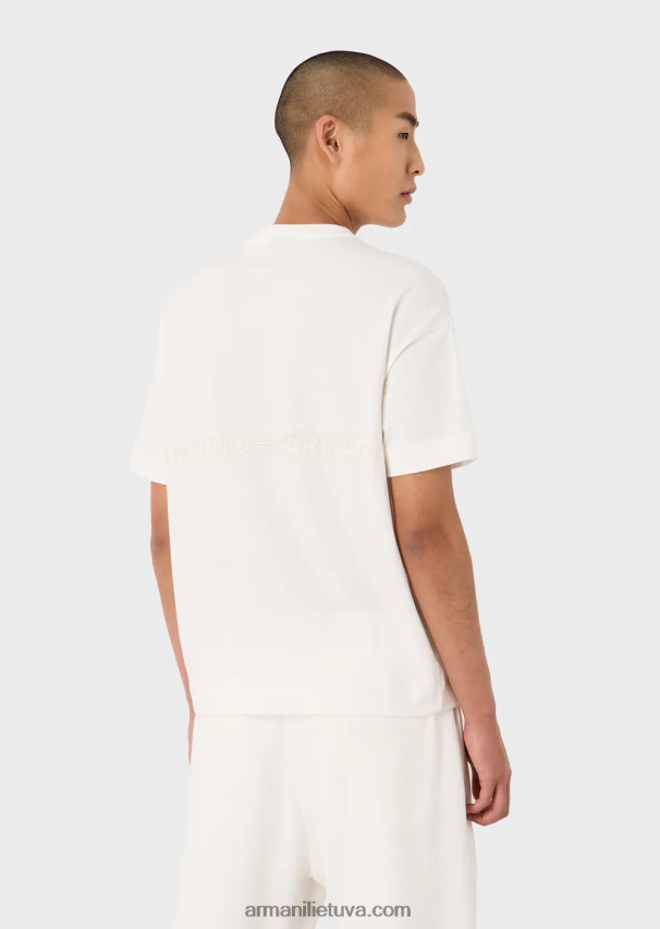 vyrų baltas Armani storo trikotažo marškinėliai su ryškiu guminiu logotipu 02482X1632