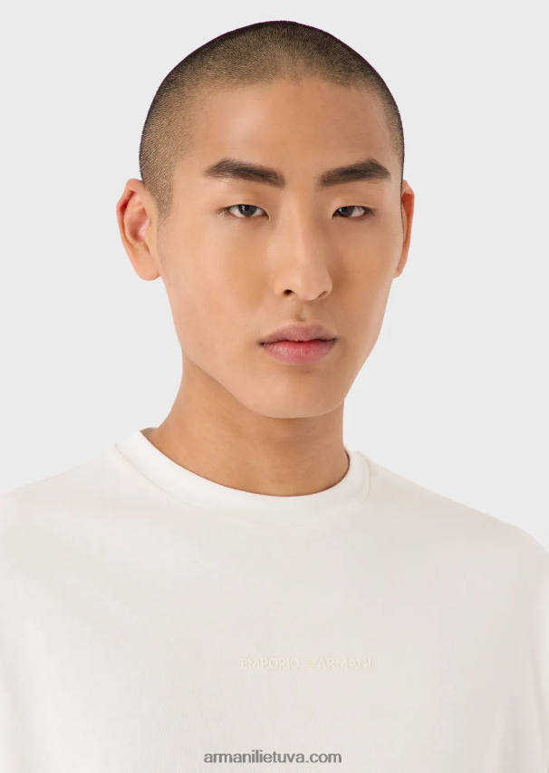 vyrų baltas Armani storo trikotažo marškinėliai su ryškiu guminiu logotipu 02482X1632