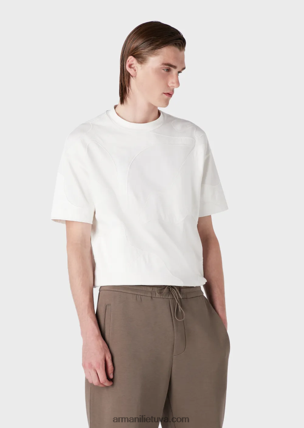 vyrų baltas Armani sunkūs džersio marškinėliai su atitinkamą spalvą atitinkančiais negabaritiniais kamufliažiniais siuvinėjimais 02482X1676