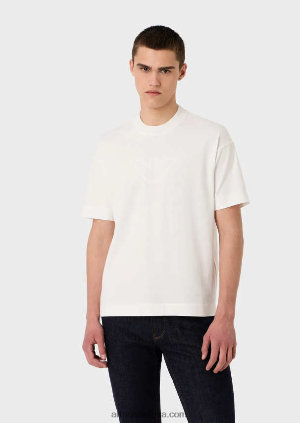 vyrų baltas Armani sunkūs džersio marškinėliai su per dideliu reljefiniu logotipu 02482X1635