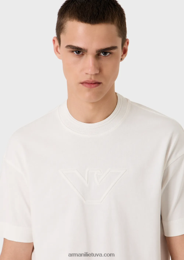 vyrų baltas Armani sunkūs džersio marškinėliai su per dideliu reljefiniu logotipu 02482X1635