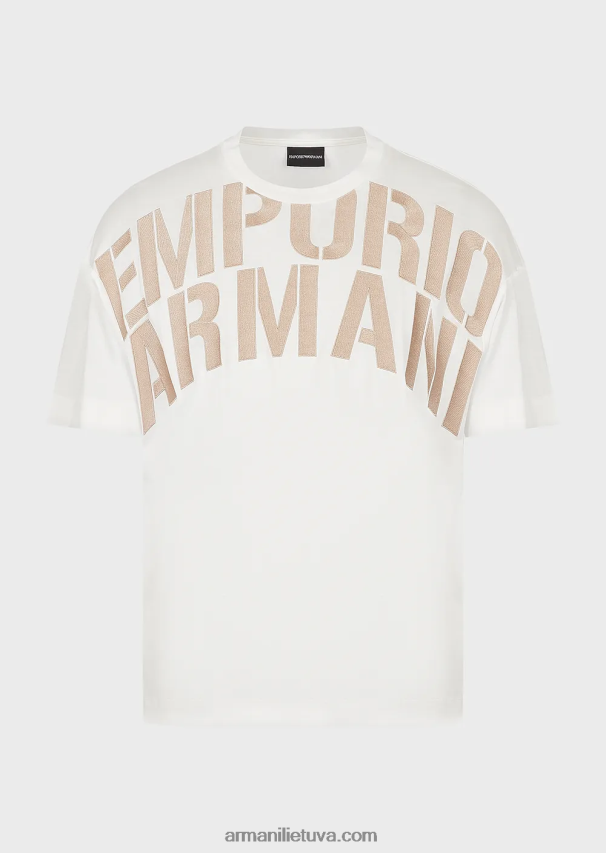 vyrų baltas logotipas Armani Tencel-blend džersio marškinėliai su per dideliu išsiuvinėtu logotipu 02482X1608