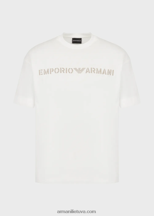 vyrų baltassunkūs džersio marškinėliai su emporio armani siuvinėjimais kariniu šriftu 02482X1627