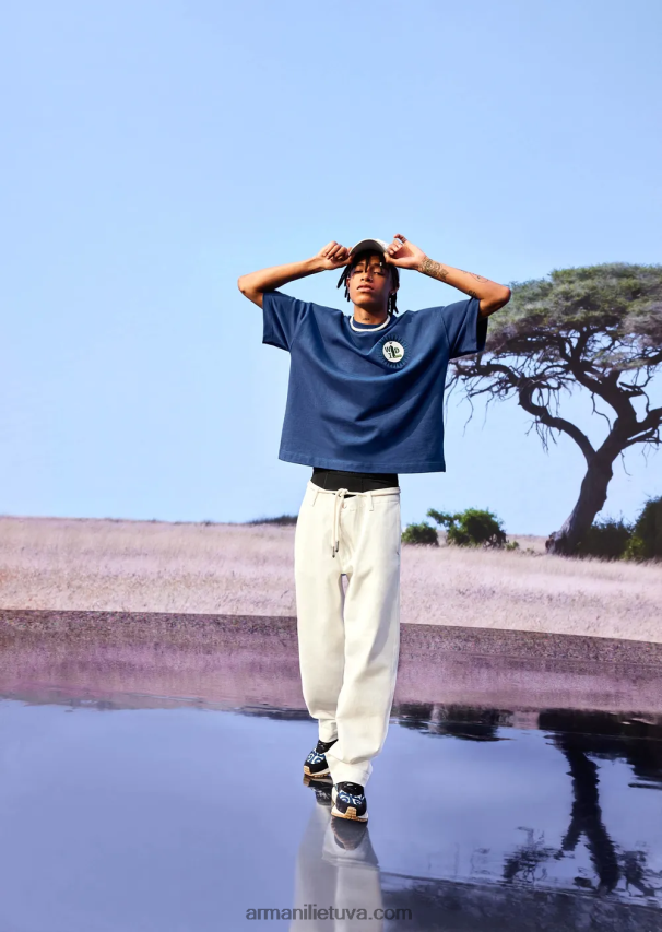 vyrų elektrinė mėlyna Armani tvarios kolekcijos ekologiški amerikietiško trikotažo marškinėliai su pleistru 02482X1680