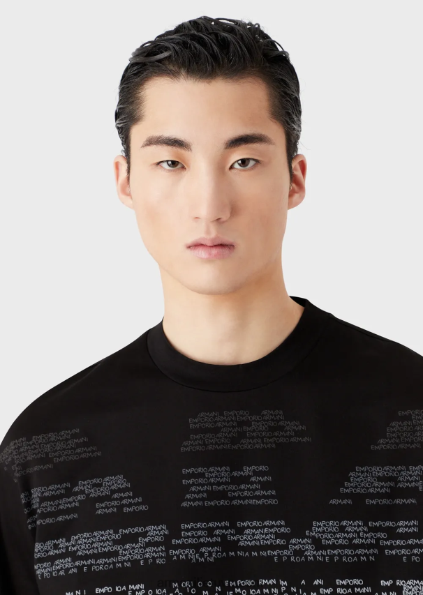 vyrų juodas Armani Merserizuoti trikotažiniai marškinėliai su gumuota užrašu oversized eagle 02482X1603