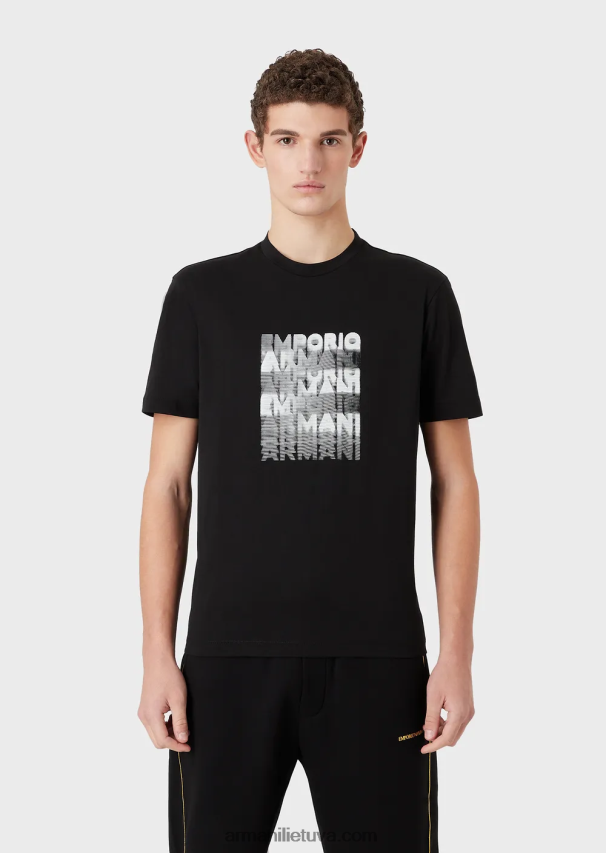 vyrų juodas Armani Pima jersey marškinėliai su 80-ųjų efekto logotipu 02482X1644