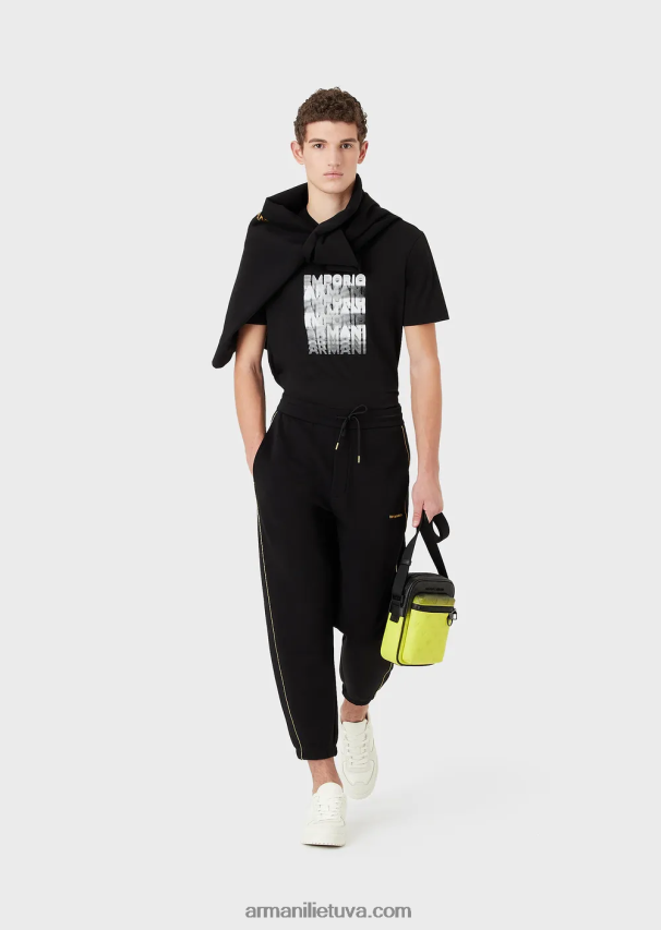 vyrų juodas Armani Pima jersey marškinėliai su 80-ųjų efekto logotipu 02482X1644