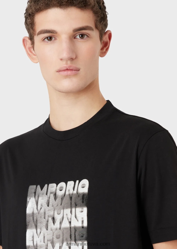 vyrų juodas Armani Pima jersey marškinėliai su 80-ųjų efekto logotipu 02482X1644