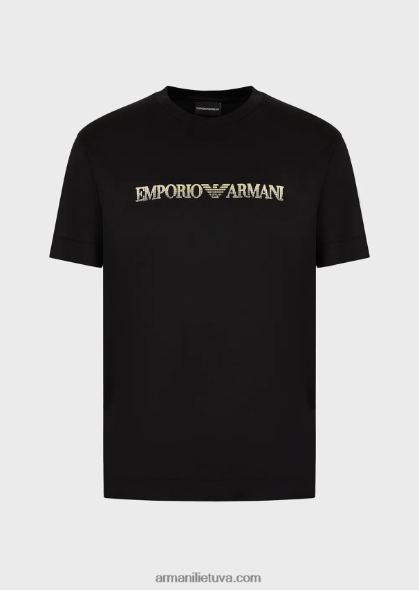 vyrų juodas Armani Tencel-blend džersio marškinėliai su auksiniu logotipu 02482X1617