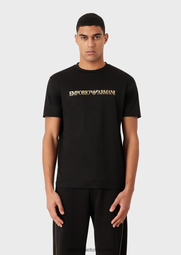 vyrų juodas Armani Tencel-blend džersio marškinėliai su auksiniu logotipu 02482X1617