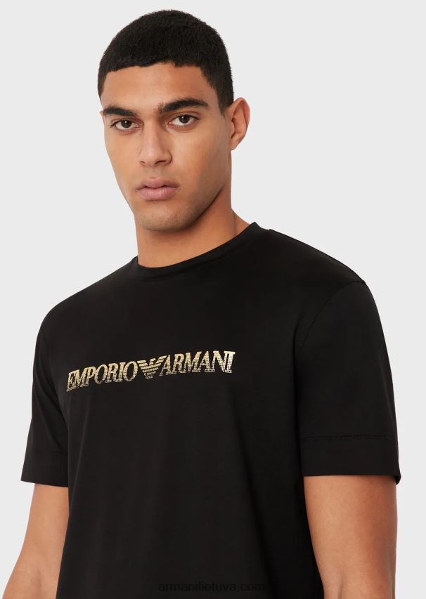 vyrų juodas Armani Tencel-blend džersio marškinėliai su auksiniu logotipu 02482X1617