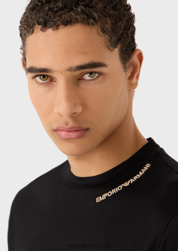 vyrų juodas Armani Tencel-blend džersio marškinėliai su logotipo siuvinėjimu ant iškirptės 02482X1666