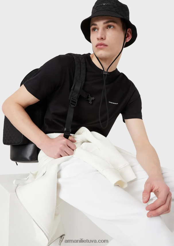 vyrų juodas Armani Tencel-jersey mišinio marškinėliai su mikro logotipu 02482X1728