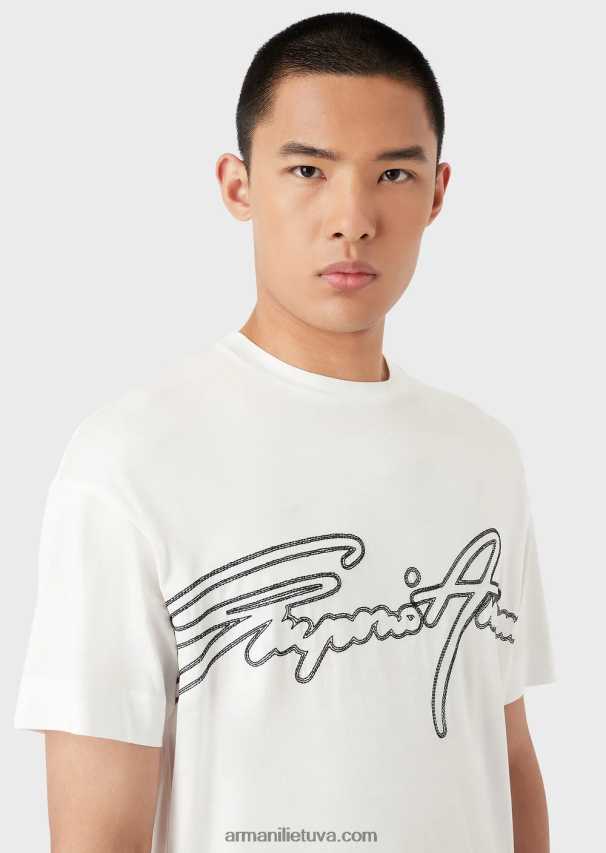 vyrų juodas Armani Tencel mišinio džersio marškinėliai su viršutine dygsniuota firminio logotipo siuvinėjimu 02482X1654