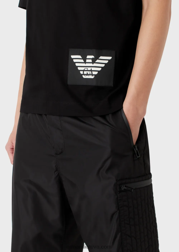 vyrų juodas Armani merserizuoti marškinėliai su kontrastingu erelio lopiniu 02482X1615