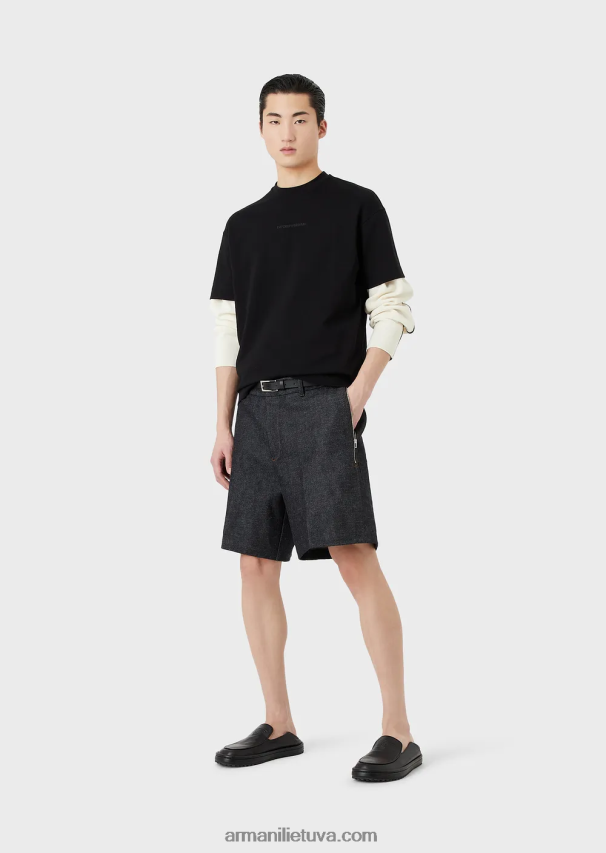 vyrų juodas Armani storo trikotažo marškinėliai su ryškiu guminiu logotipu 02482X1631