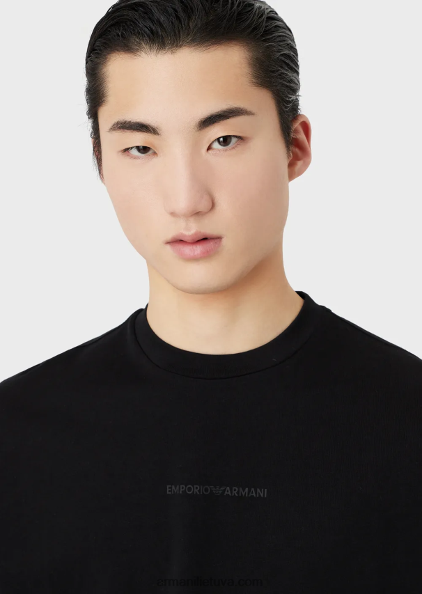 vyrų juodas Armani storo trikotažo marškinėliai su ryškiu guminiu logotipu 02482X1631