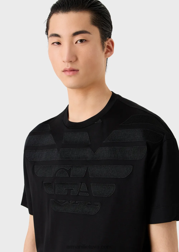 vyrų juodas logotipas Armani Tencel-blend džersio marškinėliai su per dideliu išsiuvinėtu logotipu 02482X1607