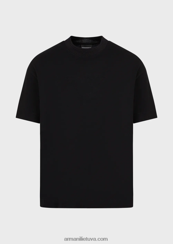 vyrų juodas logotipas Armani sunkūs džersio marškinėliai su per dideliu reljefiniu logotipu 02482X1634