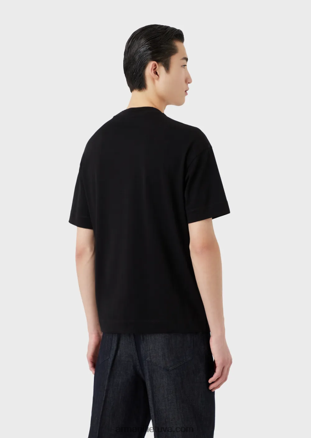 vyrų juodas logotipas Armani sunkūs džersio marškinėliai su per dideliu reljefiniu logotipu 02482X1634