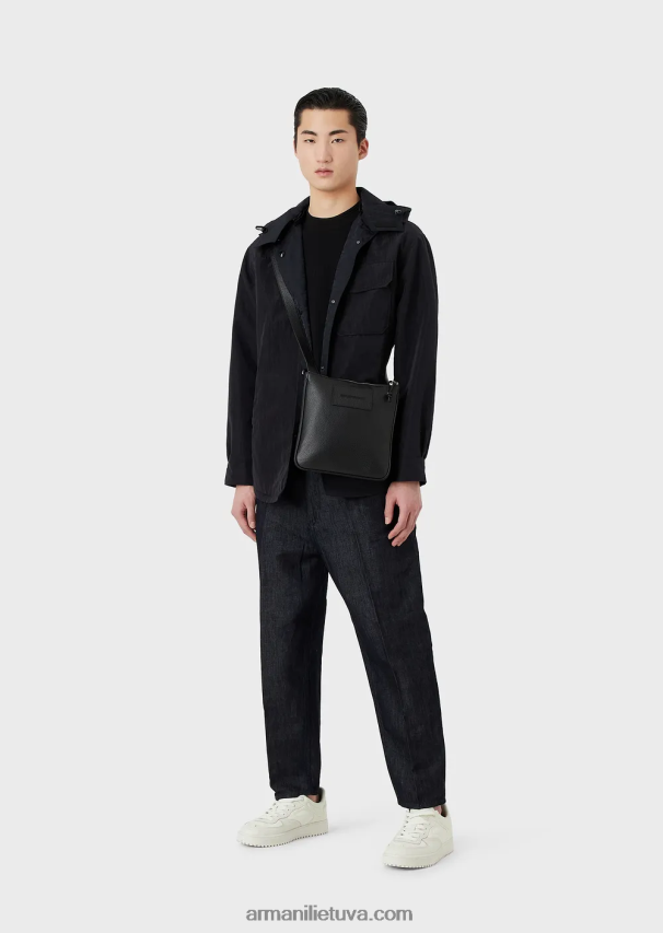 vyrų juodas logotipas Armani sunkūs džersio marškinėliai su per dideliu reljefiniu logotipu 02482X1634