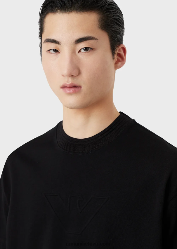 vyrų juodas logotipas Armani sunkūs džersio marškinėliai su per dideliu reljefiniu logotipu 02482X1634