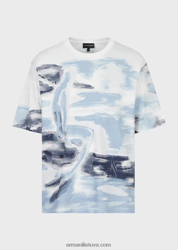 vyrų modelis Armani medvilniniai interlock marškinėliai su Merman akvarele spauda ir išsiuvinėtu logotipu 02482X1697