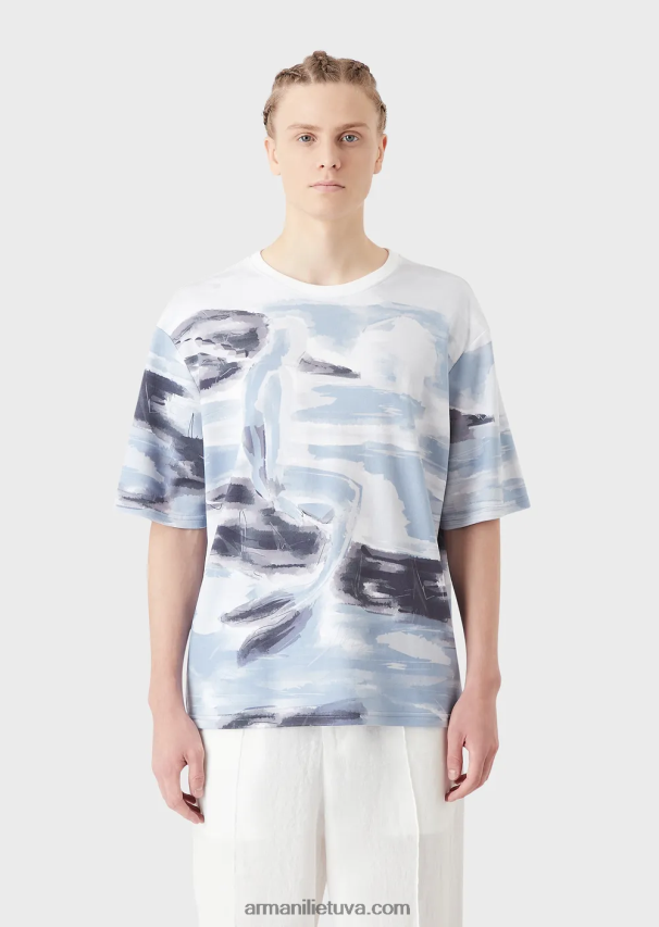 vyrų modelis Armani medvilniniai interlock marškinėliai su Merman akvarele spauda ir išsiuvinėtu logotipu 02482X1697