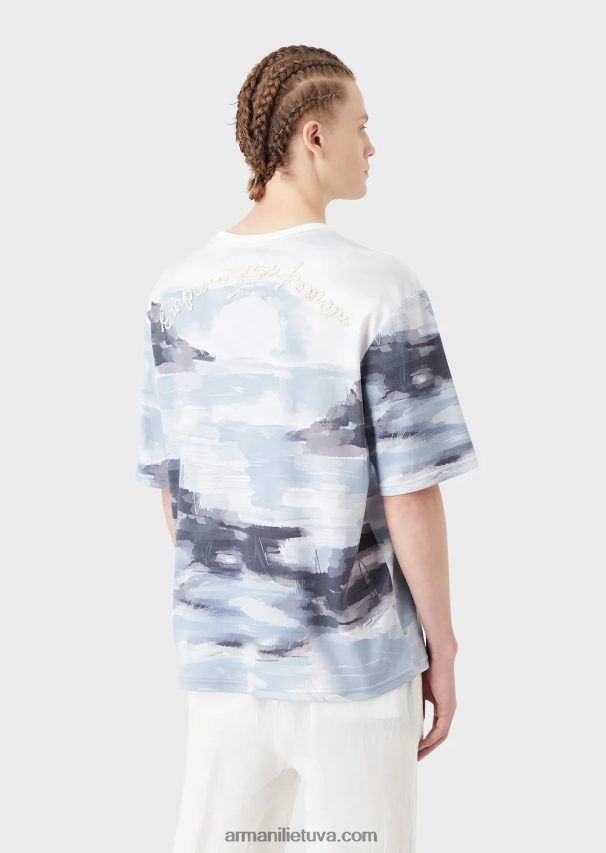vyrų modelis Armani medvilniniai interlock marškinėliai su Merman akvarele spauda ir išsiuvinėtu logotipu 02482X1697