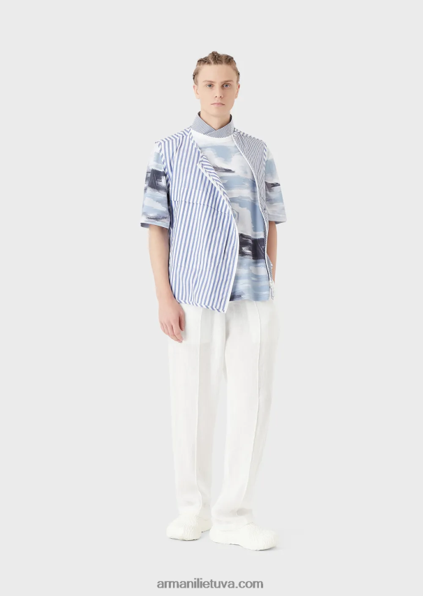 vyrų modelis Armani medvilniniai interlock marškinėliai su Merman akvarele spauda ir išsiuvinėtu logotipu 02482X1697