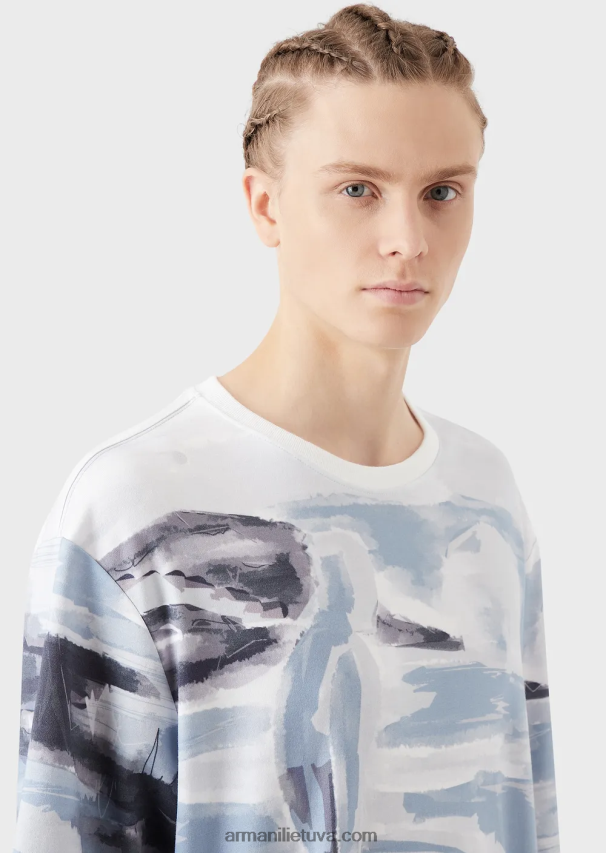 vyrų modelis Armani medvilniniai interlock marškinėliai su Merman akvarele spauda ir išsiuvinėtu logotipu 02482X1697