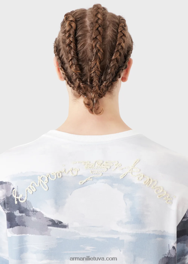 vyrų modelis Armani medvilniniai interlock marškinėliai su Merman akvarele spauda ir išsiuvinėtu logotipu 02482X1697