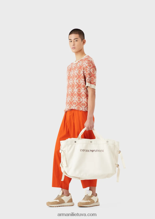 vyrų modelis Armani tvarios kolekcijos ekologiškas žakardo megztinis su kolekcijos raštu 02482X1685